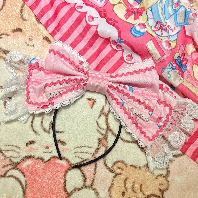 Japanisches Sweet Lolita Kleid Damen Niedliches Cartoon-Hasen-Dessert-Print Schleife Party Minikleider Mädchen Gothic Kawaii Prinzessinnenkleider