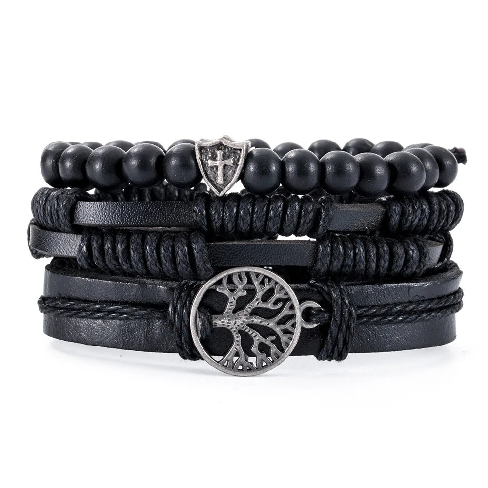 Ensemble de quatre accessoires en alliage Arbre de Vie : bracelet en cuir pour homme, perles en bois et ornement en cuir tissé à la main.