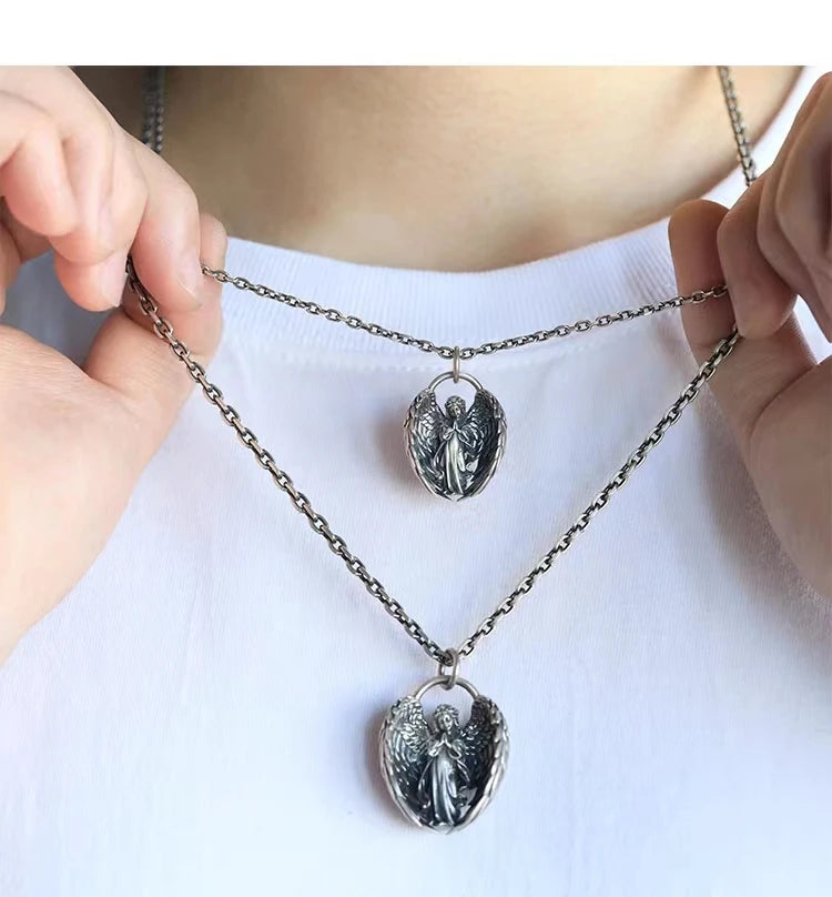 Classic Silver Plated Praying Angel Wings Pendant Necklace Men Women Fashion Protection Amulet Jewelry Birthday Gift