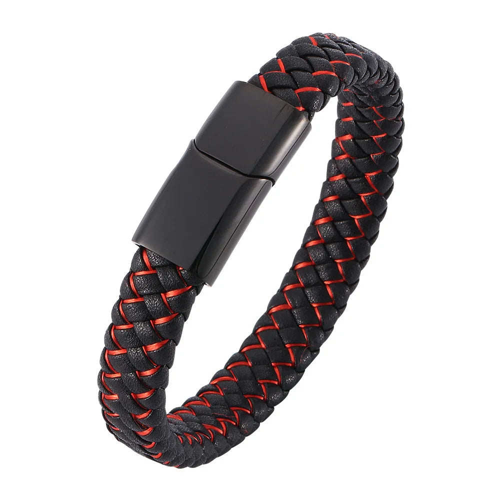 MKENDN Punk Men Braided Genuine Braided Blue Leather Bracelet Black Stainless Steel Magnetic Buckle Bracelet Gifts Homme Pulsera