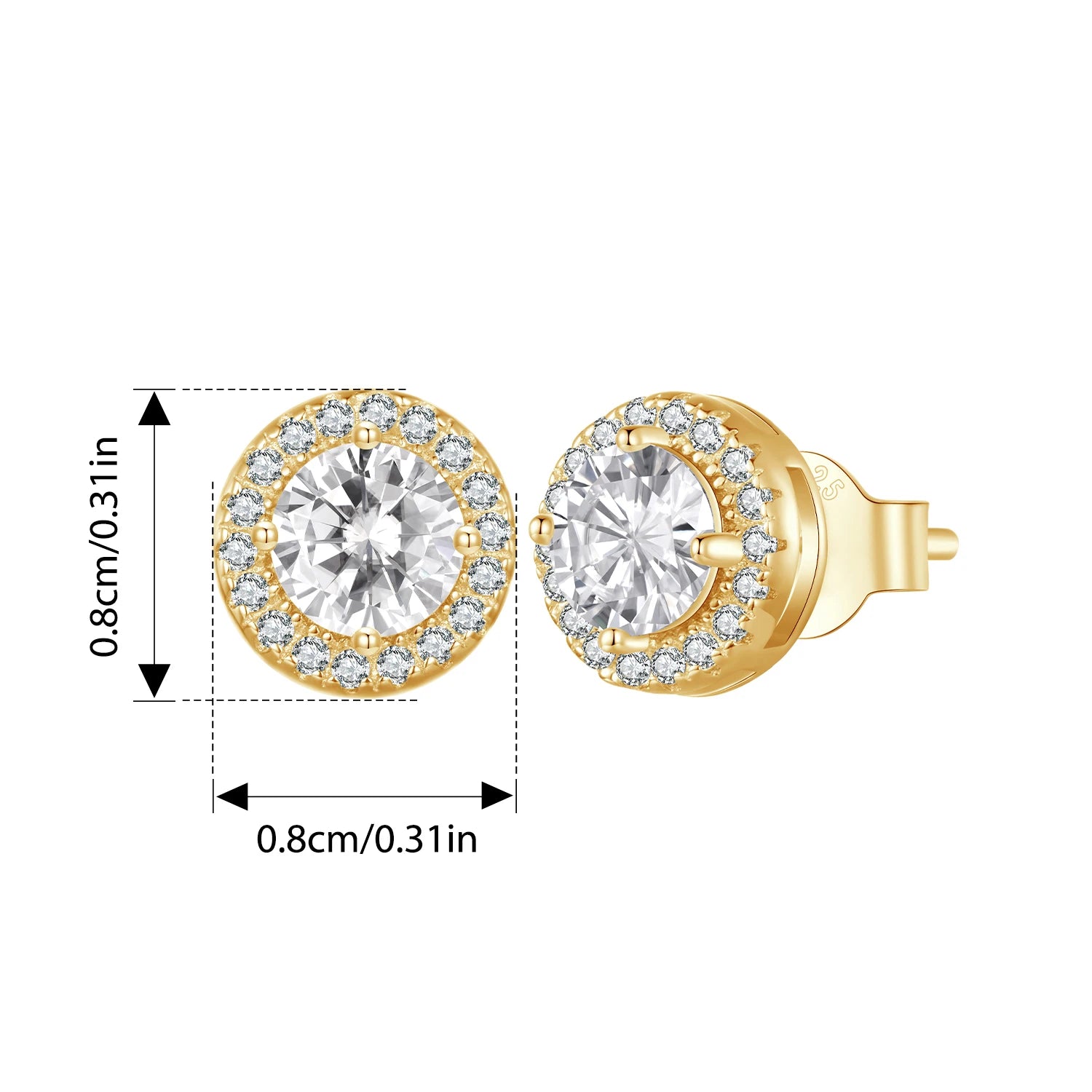 BISAER 925 Sterling Silver Sparkling Zircon Stud Earrings Round Hypoallergenic Stud Ear Plated 18K Gold for Women Fine Jewelry