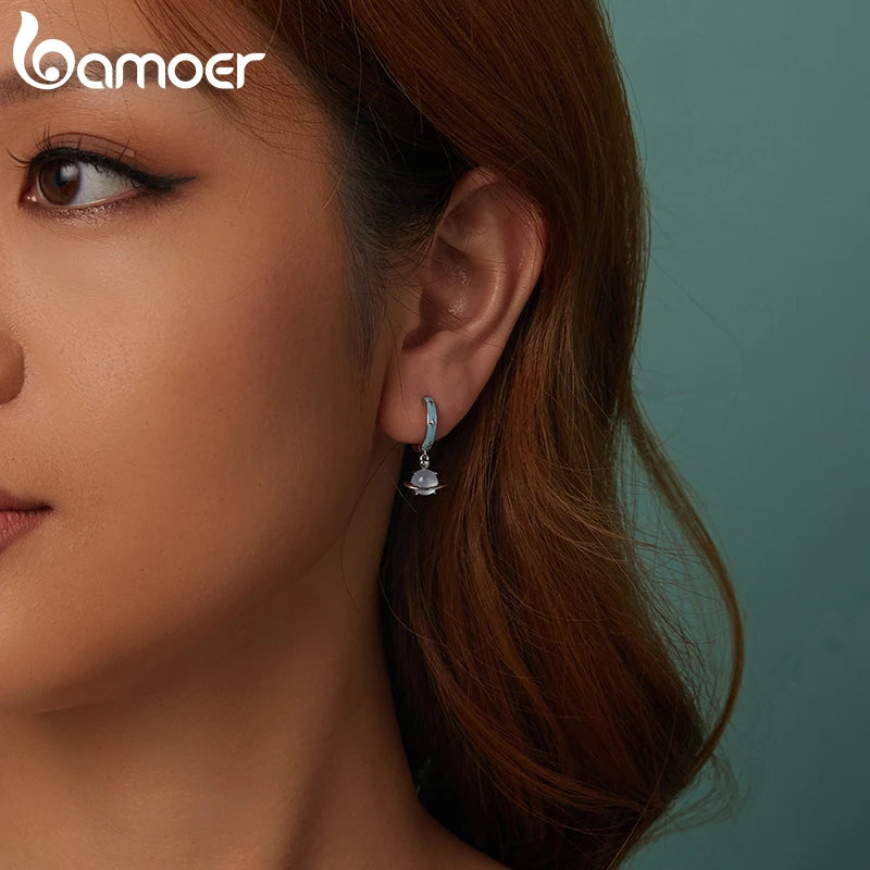 BAMOER 925 Sterling Silver Blue Planet Hoops Earrings, Lightweight White Gold Plated Hoop Earrings for Women SCE1803