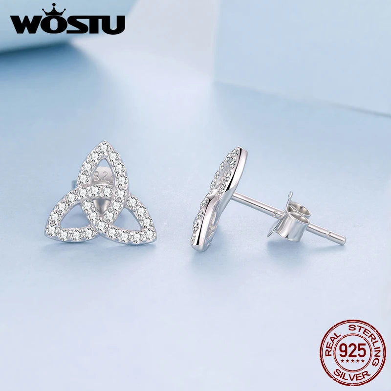 WOSTU Solid 925 Sterling Silver Clover Wedding Stud Earrings, Unique Shamrock Silver Earrings with CZ Jewelry Gift for Her