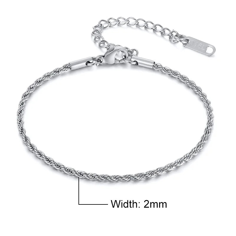 Vnox Unisex Rope Chain Bracelets for Men Women, Stainless Steel Twisted Links Chain Bracelet,Simple Classic Jewelry Gift for Him - Madeinsea©
