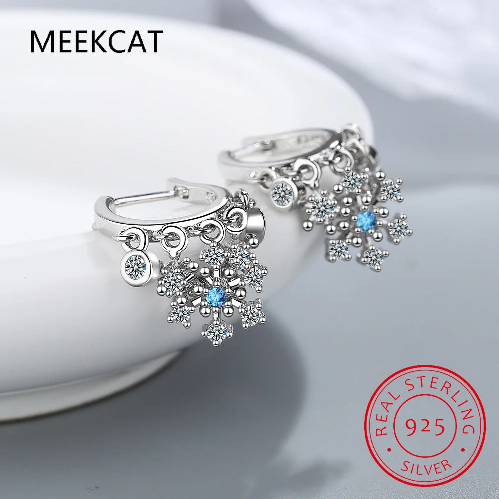 925 Sterling Silver Snowflake Ear Buckles Luxury Zircon Hoop Earrings Oorbellen for Women Engagement Wedding Fine Jewelry Gift