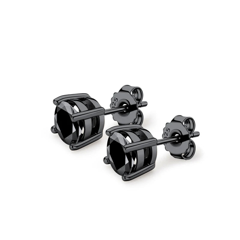 6.25mm Round Natural Black Agate Earrings 925 Sterling Silver Fashion Casual Men Women Simple Ear Stud for Party Gemstone Gift