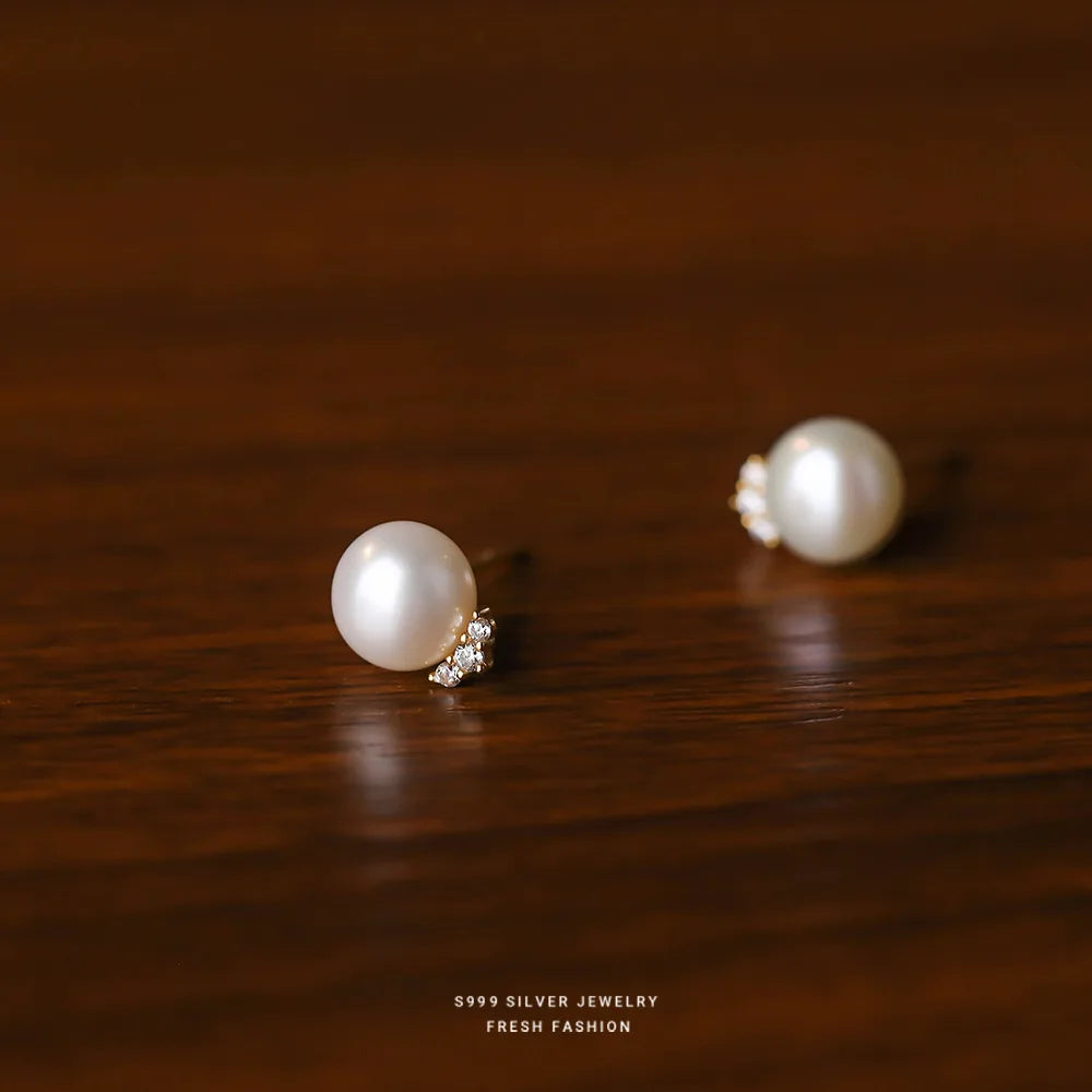999 Sterling Silver Inlay Zircon Natural Pearl Stud Earrings for Women French Light Luxury Party Jewelry