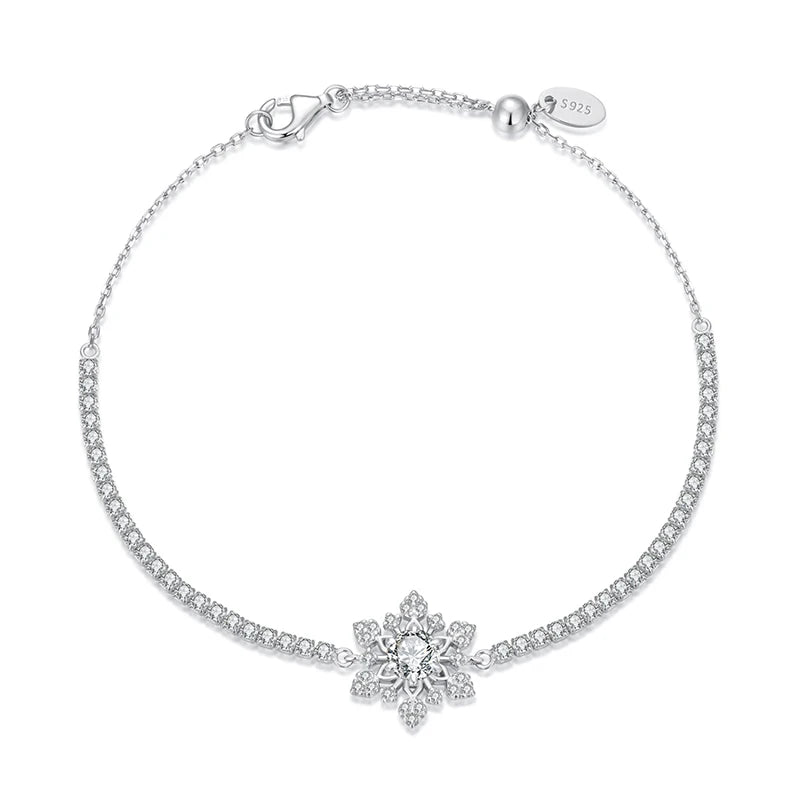 WOSTU Christmas Snowflake Bracelet For Women, 925 Silver Sparkling Zirconia Adjustable Chain Links Dainty Winter Jewelry Gift