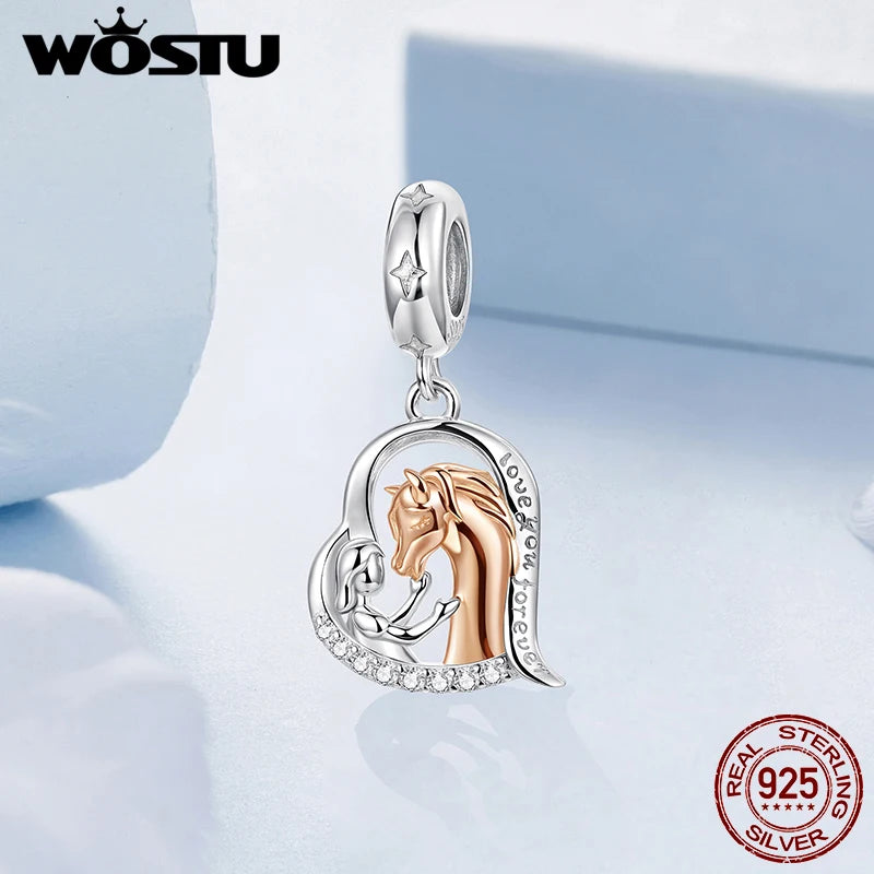 WOSTU 925 Sterling Silver Two-Tone Girl & Horse Charm Pendant For Women, Heart Bead Horse Lover Jewelry Family DIY Gift CTC1210