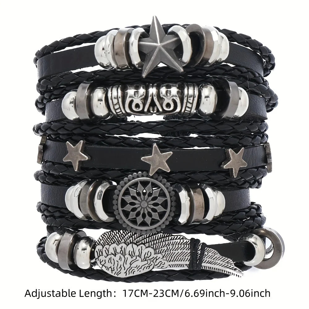 6-piece set Fashion Leather Bracelet Personalized DIY Knitted Leather Bracelet Simple Multi layered Adjustable Cowhide Bracelets