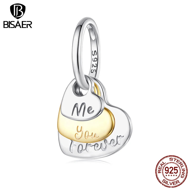 BISAER 925 Sterling Silver Eternal Love Charm Bead Two-tones Heart Pendant for Women DIY Bracelet & Neckalce Fine Jewelry Gift
