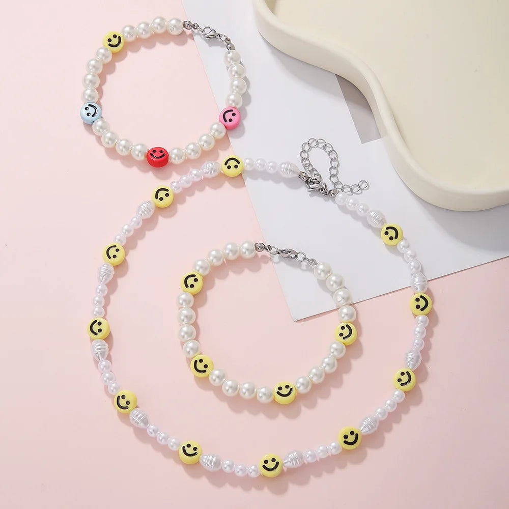 Retro Smiling Face Bead Bracelets Imitation Pearl Clay Handmade Beaded Bracelets Desinger Jewelry Unisex Accessories Lovers Gift