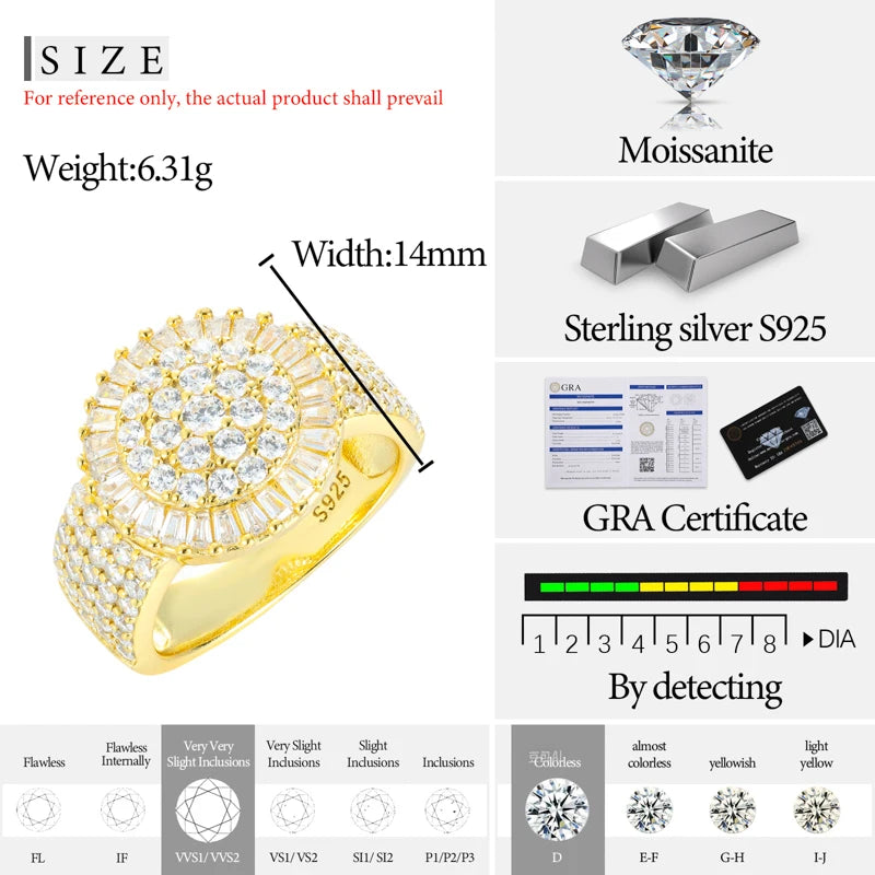 TUHE Unisex  Baguette Moissanite Men Rings Hip Hop Jewelry 925 Silver Rings Ice out VVS1 Moissanite With Certificate Men Rings