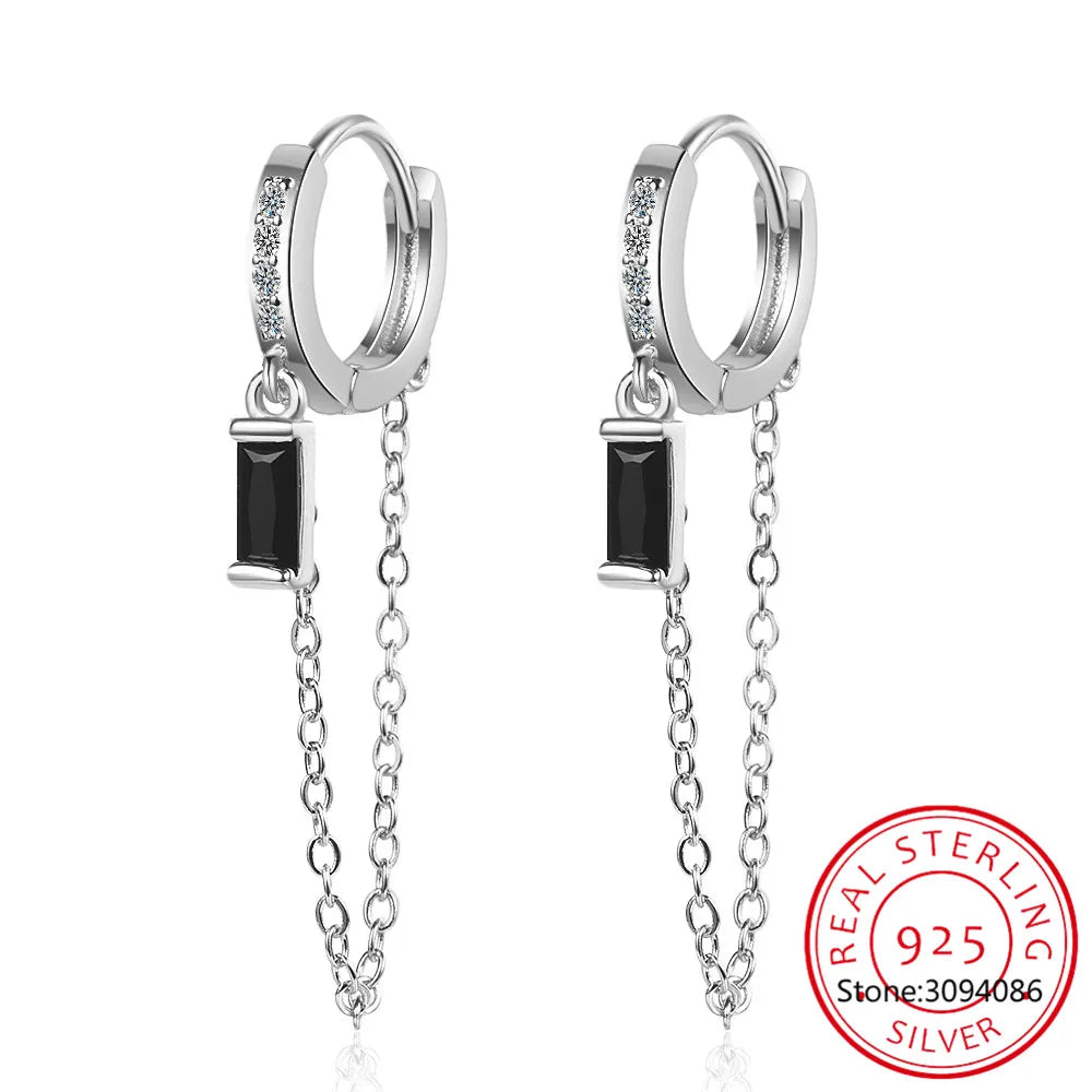Boucles d'oreilles créoles en argent sterling 925 véritable, chaîne tendance, zircon noir, style huggy, pour femme, cadeau de mariage ou d'anniversaire, bijou raffiné DG0004