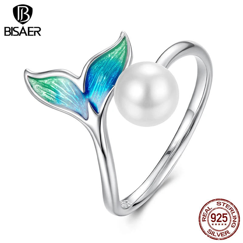 BISAER 925 Sterling Silver Mermaid Open Ring Pearl Gradient Enamel Band Plated White Gold for Women Party Original Fine Jewelry