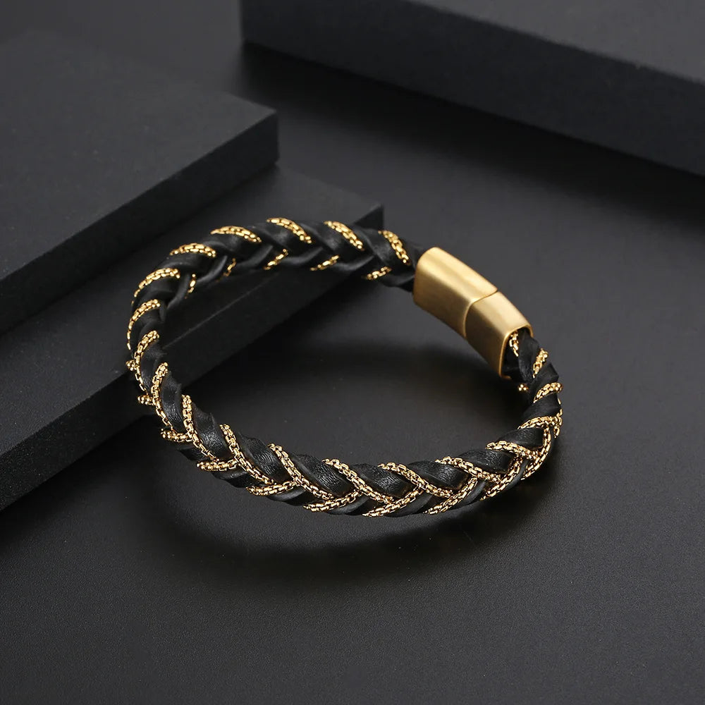 MKENDN Genuine Leather Box Chain Bracelet for Men Matte Black Magnetic Stainless Steel Clasp Exclusive Jewellery Gift Wholesale