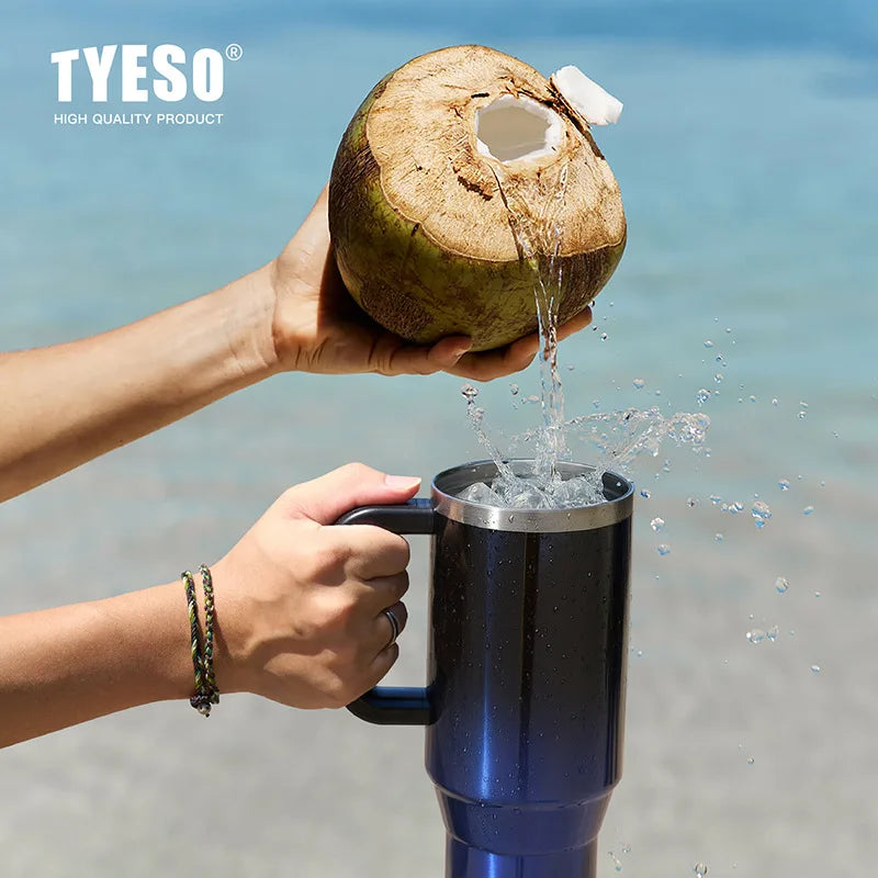 TYESO 40oz Car Coffee Thermos Cup With Handle and Straw Gradient Color Stainless Steel Vacuum Insulated Travel Mug Thermal Cup