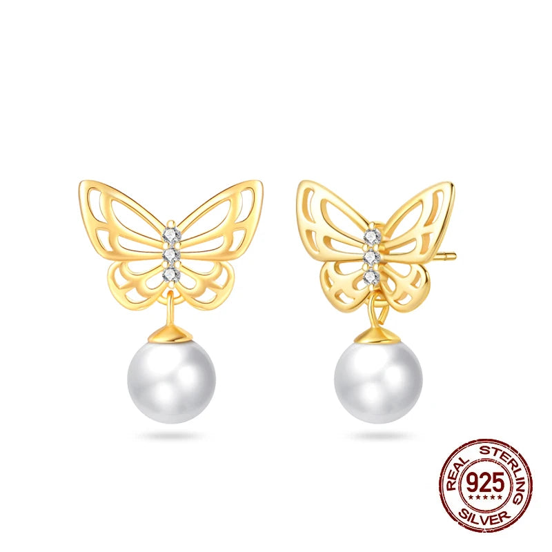 New Pearl Earrings 925 Silver Stars Moons Butterfly Sea Shell Golden Hoop Earrings Ear Stud For Women Engagement Luxury Jewelry