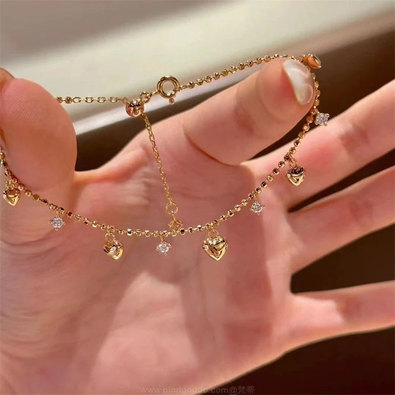 Korean Delicate Heart Beads Shiny Zircon Water Drop Bracelet For Women Simple Love Heart Beaded Adjustable Chain Bangle Jewelry