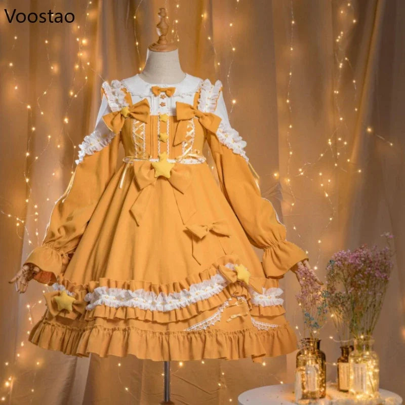 Original Japanese Sweet Lolita Op Dress Women Cute Little Star Ruffles Long Sleeve Princess Dress Female Kawaii Tea Party Dress