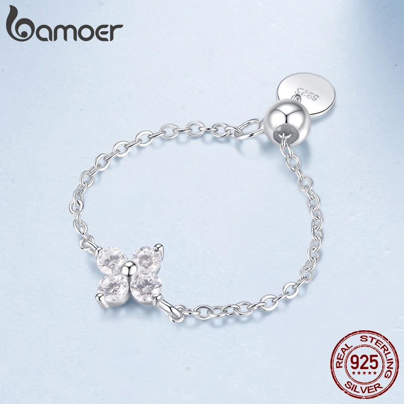 BAMOER 925 Sterling Silver Four Leaf Clover Lucky Chain Ring Adjustable Link Ring with Beads for Women Teen Special Party Gift