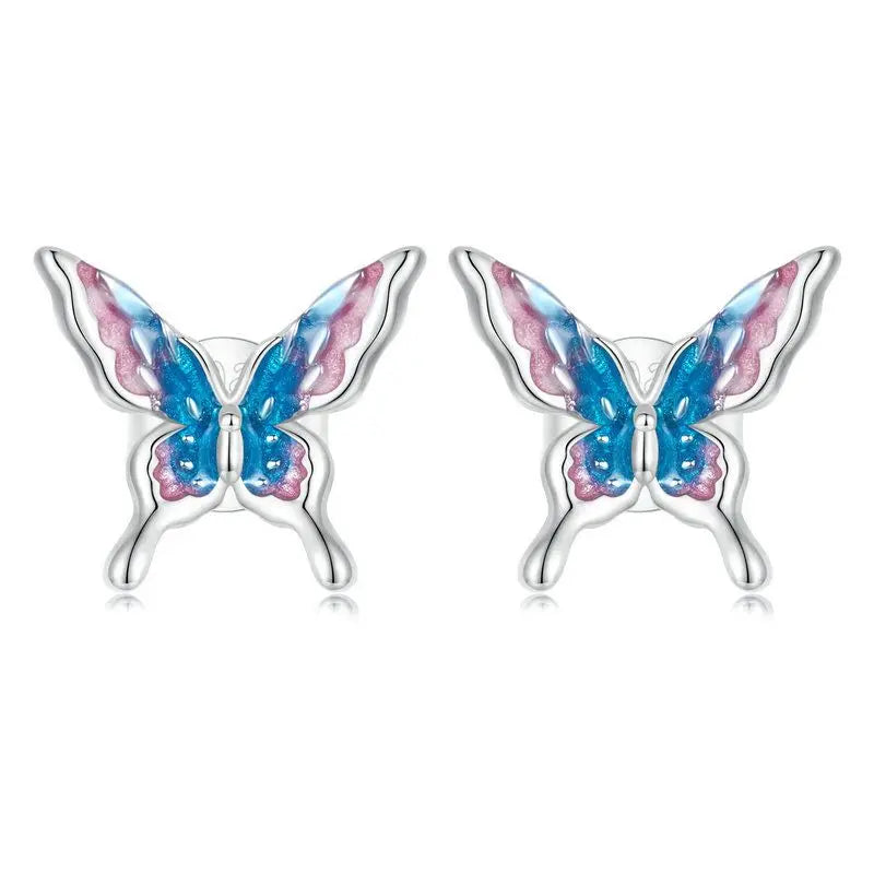 BAMOER 925 Sterling Silver Cute Butterfly Stud Earrings Blue Enamel Insect Earrings for Women Teens Young Lively Jewelry Gift