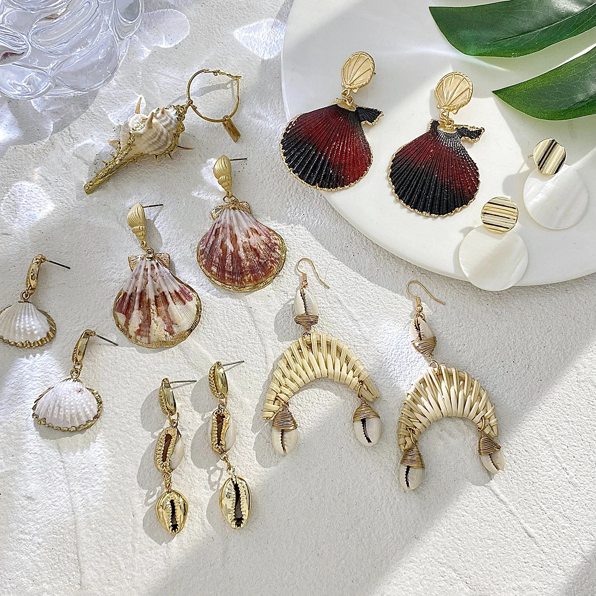 Bohemian Shell Conch Rattan Knit Drop Earrings for Women Gold Color Geometric Round Irregular Earrings Summer Beach Jewelry
