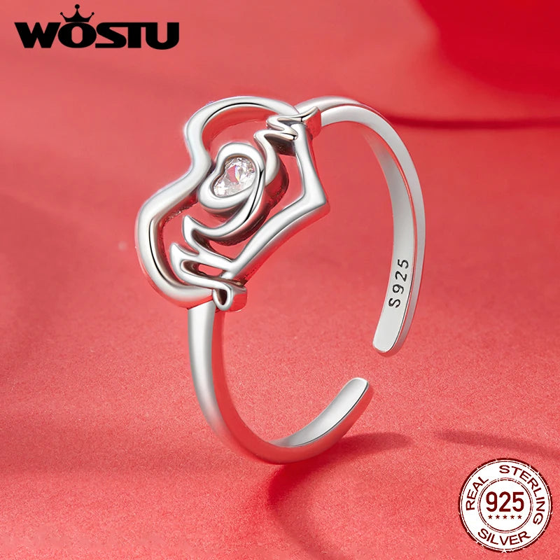 WOSTU 925 Sterling Silver Letter Mom Heart Open Ring For Women Shiny AAA Zircon Stackable Rings Mother's Day Jewelry Faimly Gift