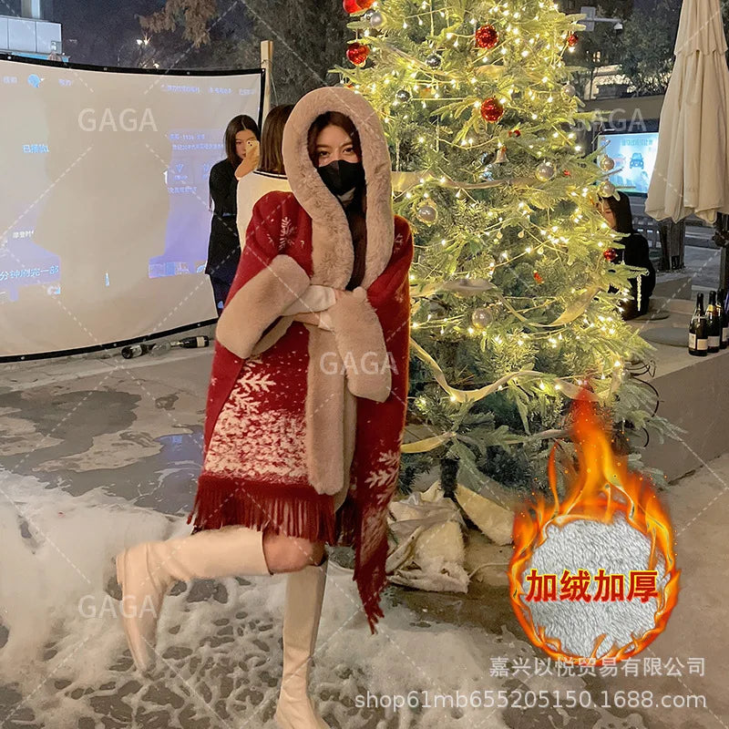 Faux Rabbit Fur Capes Coats Women Plaid Poncho Jackets Tassel Hooded Batwing Sleeves Open Stitch Loose Casual 2025 Autumn Winter