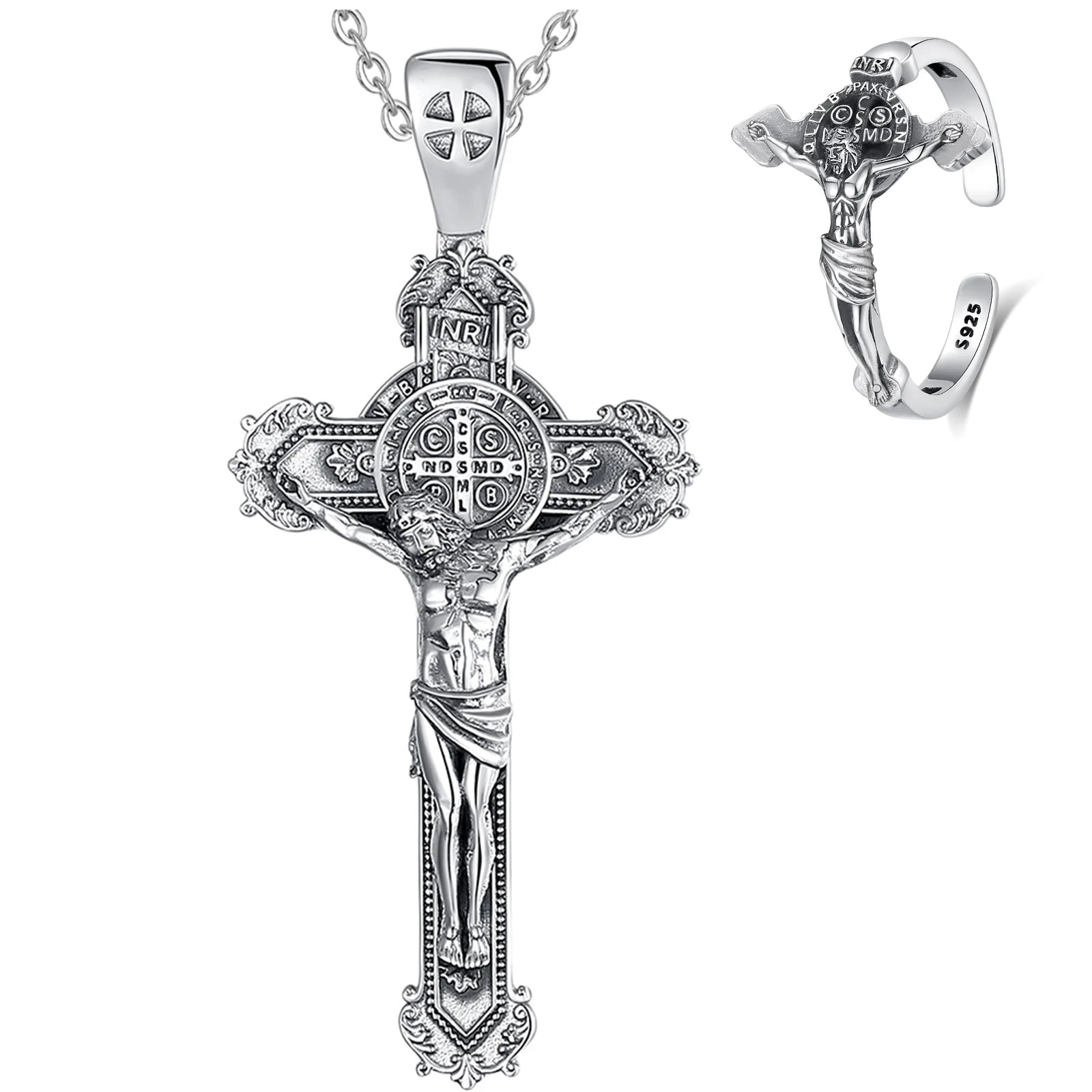 Eudora 925 Sterling Silver Saint Benedict Rings & Necklace San Benedict Crucifix Cross Jewelry Set Religious Gift for Man Women