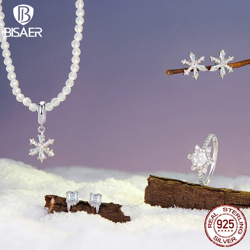 Collier pendentif fleur de glace BISAER en argent sterling 925 avec breloque en forme de perle chaîne réglable plaquée or blanc pour femme bijoux fins