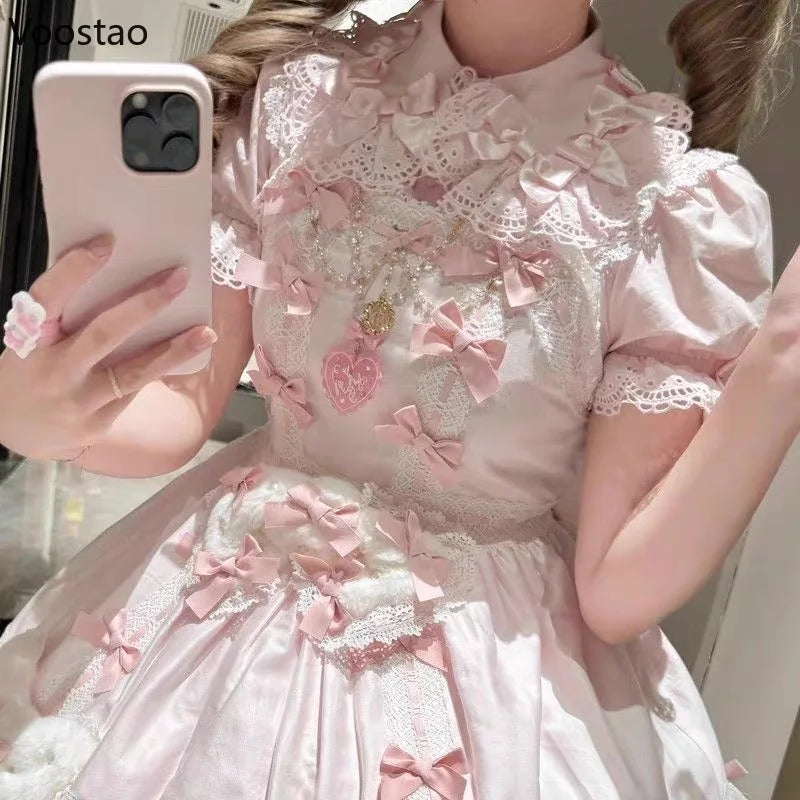 Japanese Sweet Lolita Style Shirts Women Kawaii Peter Pan Collar Bow Lace Ruffles Short Puff Sleeve Blouses Blusas Mujer Tops