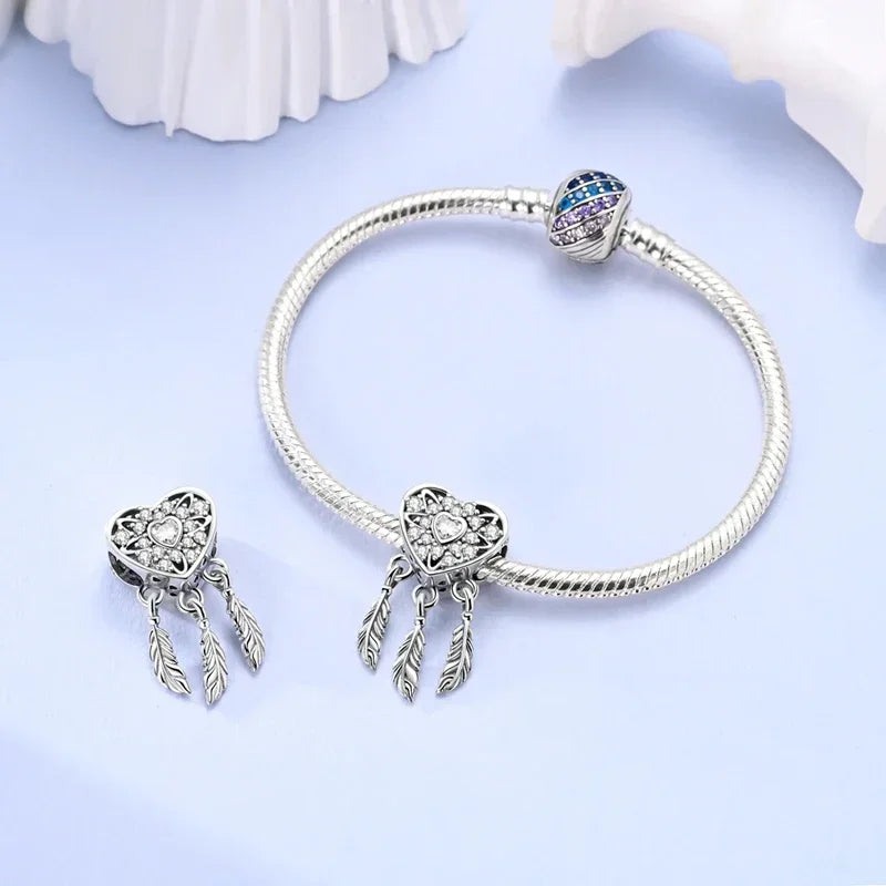Sterling Silver 925 Bright Sun Charms Dazzling Stone Sun Dreamcatcher Beads Fit Original Bracelet for Women Diy Jewelry Gifts
