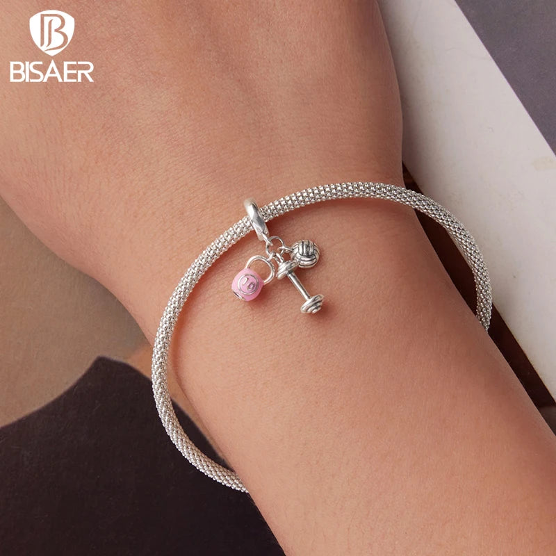BISAER 925 Sterling Silver Kettlebell Volleyball Dumbbell Pendant Basketball Charm Bead For Women DIY Bracelet Fine Jewelry Gift