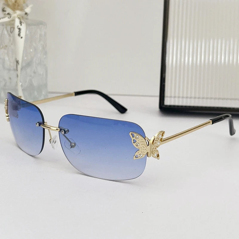 2025 Y2K Luxus Marke Designer Randlose Quadratische Sonnenbrille Frauen Für Weibliche Trendy Sonnenbrille Diamant Schmetterling Punk Shades UV400