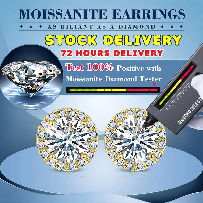 Boucles d'oreilles unisexes classiques rondes en moissanite VVS1 pour femme, bijoux fins de luxe, diamants de laboratoire, argent 925, cadeau idéal pour un mariage