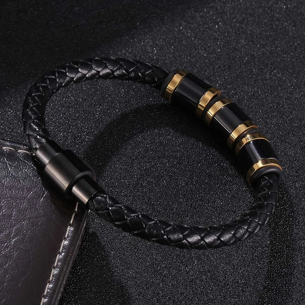 MKENDN Punk Beads Charm Men Bracelet Stainless Steel Magnetic Clasp Braided Leather Wrapping Bangles Man Jewelry Gift