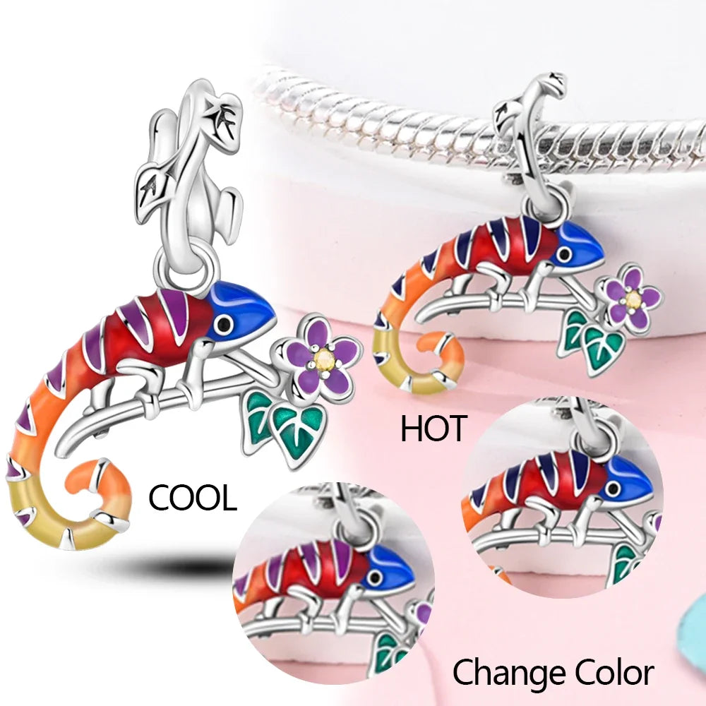 925 Sterling Silver Color Forest Chameleon Charm Pendant Beads Fit Charm Bracelet Original for Women DIY Jewelry Making