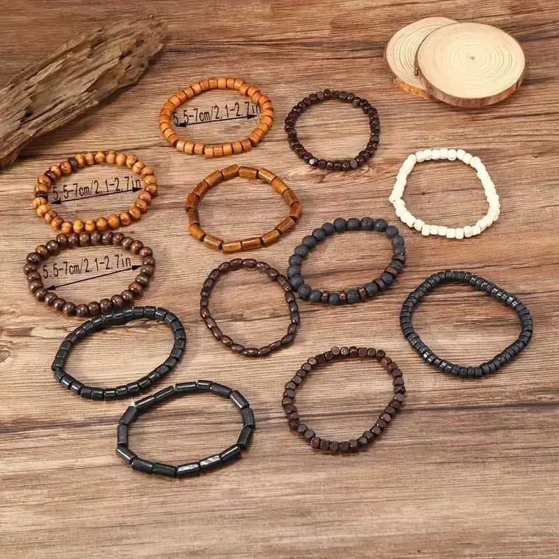 24pcs/set Men's Retro Trendy Multi-layer Bracelet Set, Versatile Elastic Thread Wooden Bead Bracelet