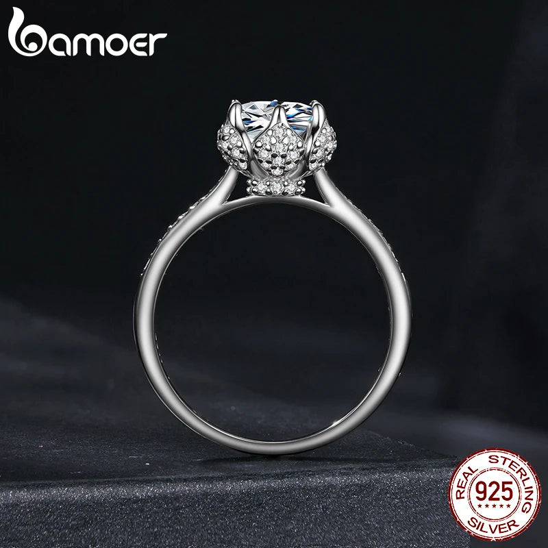 Bamoer 1CT Moissanite Flower Bud Ring Channel Set 925 Sterling Silver for Women Wedding Jewelry Gift D Color VVS1 EX Lab Diamond