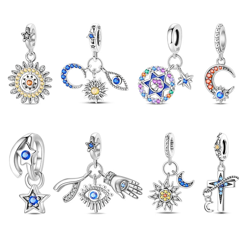 100% 925 Sterling Silver Stars Moon Sun Zircon Eye Cross Charms Beads Fit Original Bracelets DIY Jewelry For Women Protect Gifts