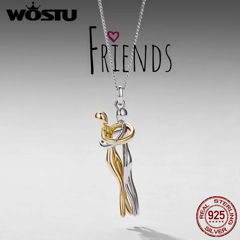 WOSTU 925 Solid Silver Hug Pendant Necklace For Sister Friend, Silver Gold Two-tone Embrace Pendant Friendship Jewelry Gift