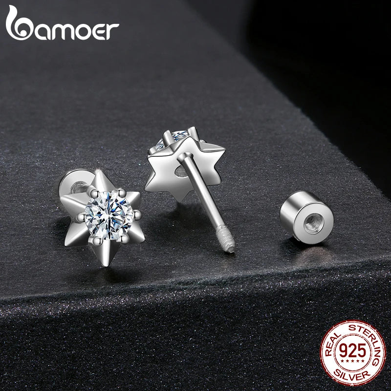 BAMOER Sparkling Hexagram Moissanite Stud Earrings, 925 Sterling Silver Lab Created Diamond Mini Star Earrings Birthday Gift