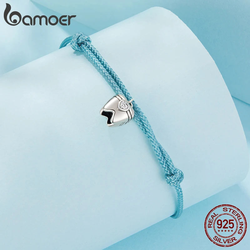 BAMOER 925 Sterling Silver Blue Rope Bracelet Teeth Zircon Pendant Knot Wrist Chain Adjustable for Women Summer Fresh Party Gift