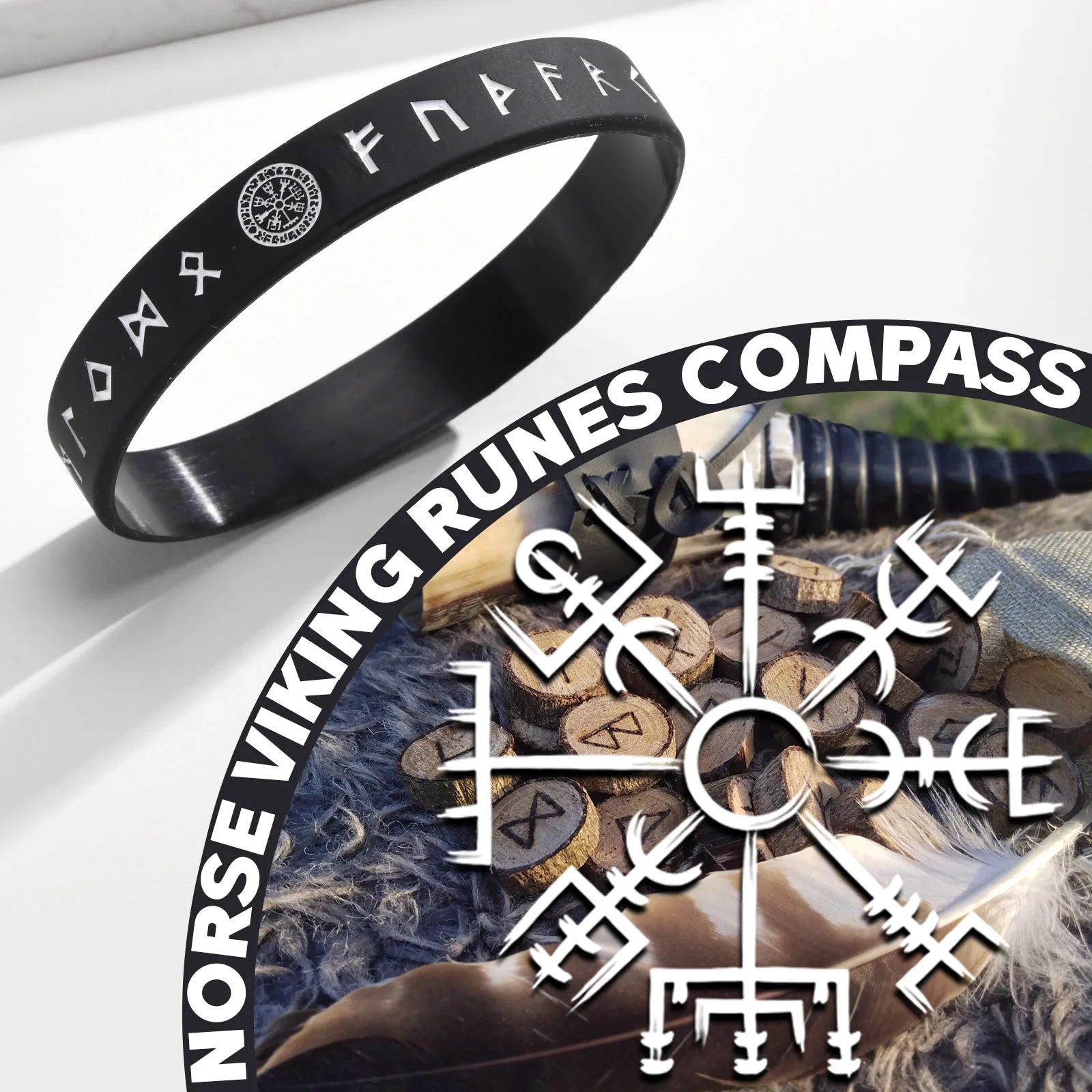 Vnox 12mm Silicone Bracelet for Men, Soft Rubber Silicone Wristband, Nordic Viking Compass Rune Almut Bangle Set