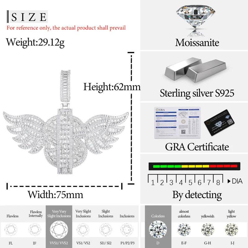 TUHE Unisex Cross Angel Wings Pendants Necklaces Ice Out Moissanite S925 silver Pendants For Men Hip Hop Jewelry Gift