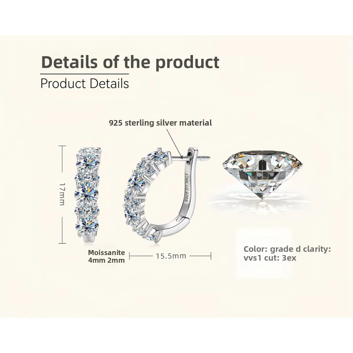 Real 925 Sterling Silver Moisanite Earrings D Color 2.76Cttw Moissanite Lab Diamond Hoops Earrings Sparkling Wedding Fine Jewelry