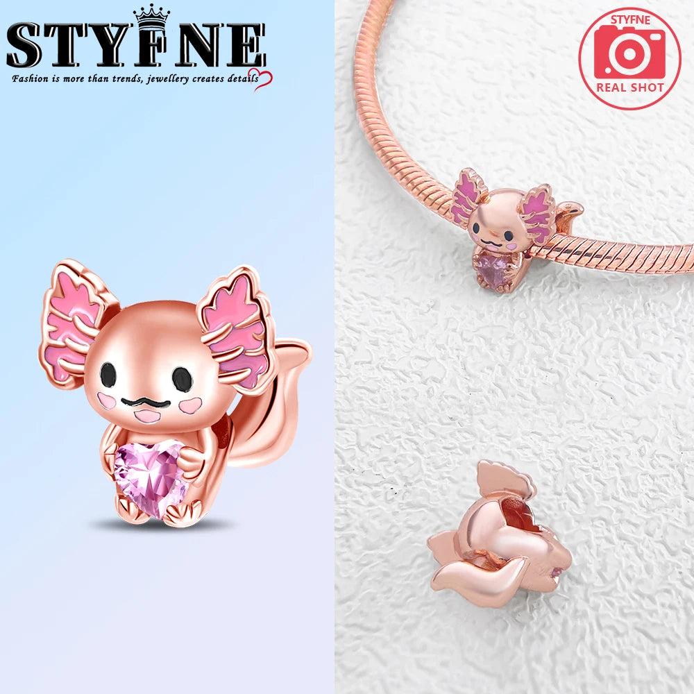 925 Sterling Silver Real Rose Gold Pink Octopus Summer Turtle Heart Dangle Charm Fit Original Bracelet Necklaces Bracelet Girl