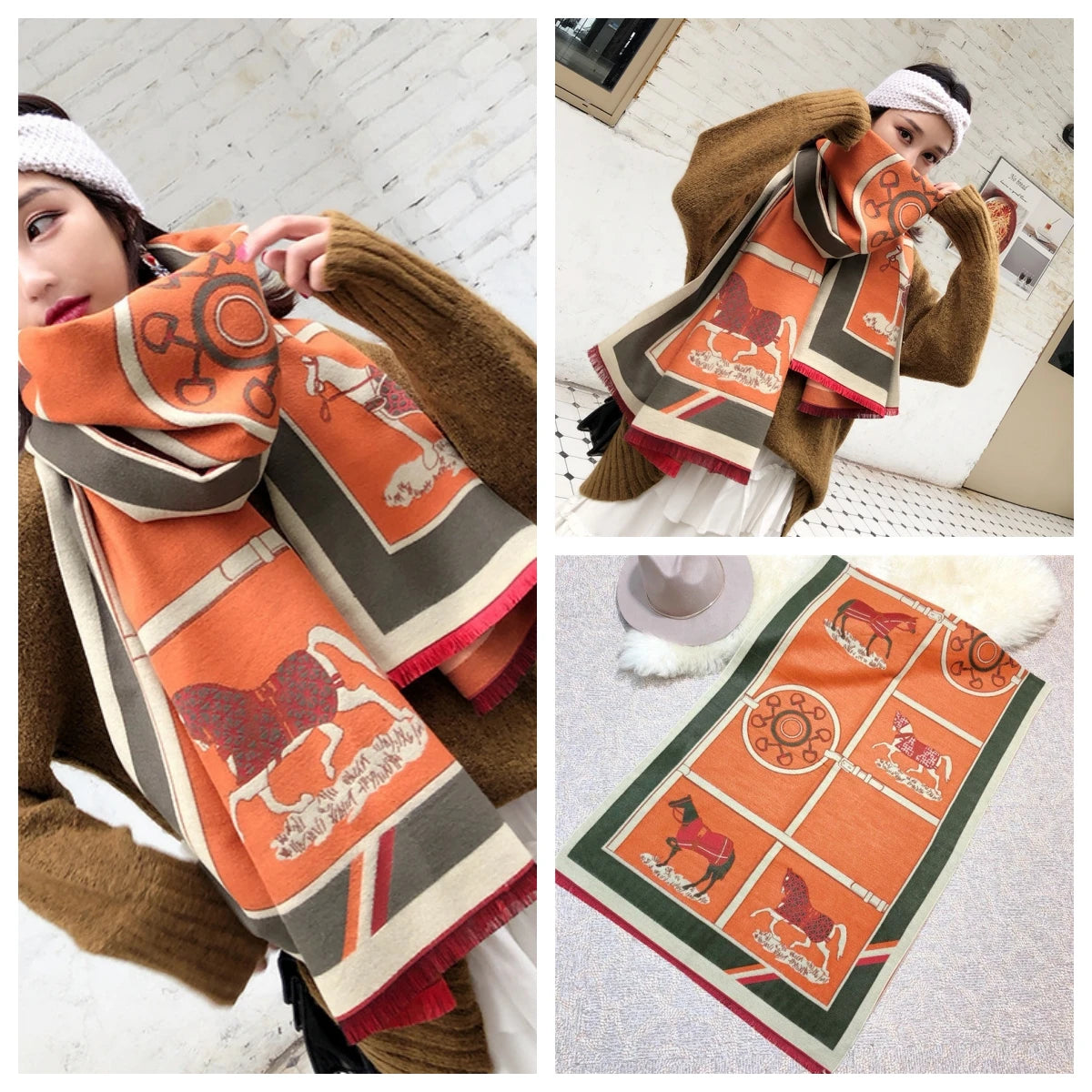 Women's Autumn Winter Horse Pattern Scarf New Luxury Cashmere Feeling Large Blanket Wrap Soft Warm Brand Shawl Retro & Classical - Madeinsea©