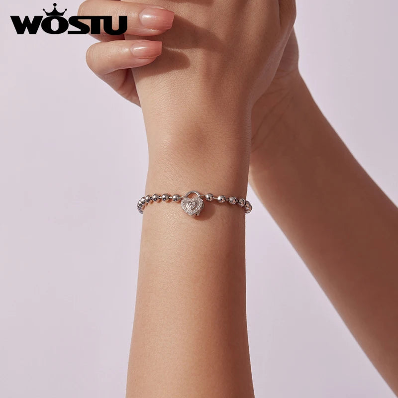 WOSTU Real 925 Sterling Silver Beaded Bracelet with Heart Lock Pendant & CZ, s925 Valentine Jewelry Love Bangle Gift For Her